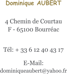 Dominique AUBERT  4 Chemin de Courtau F - 65100 Bourréac    Tél: + 33 6 12 40 43 17   E-Mail: dominiqueaubert@yahoo.fr